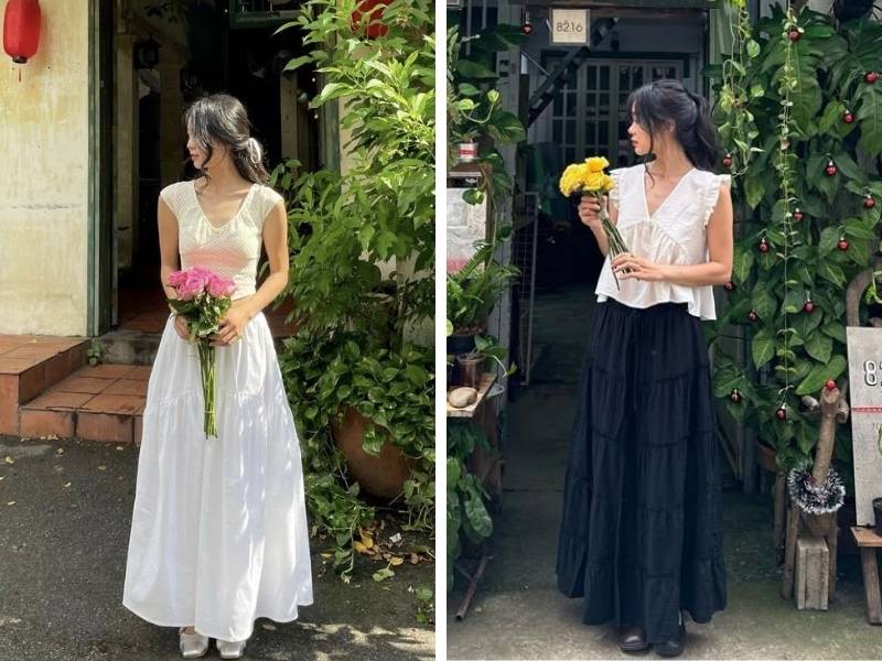 Áo peplum phối chân váy cho dáng tam giác ngược