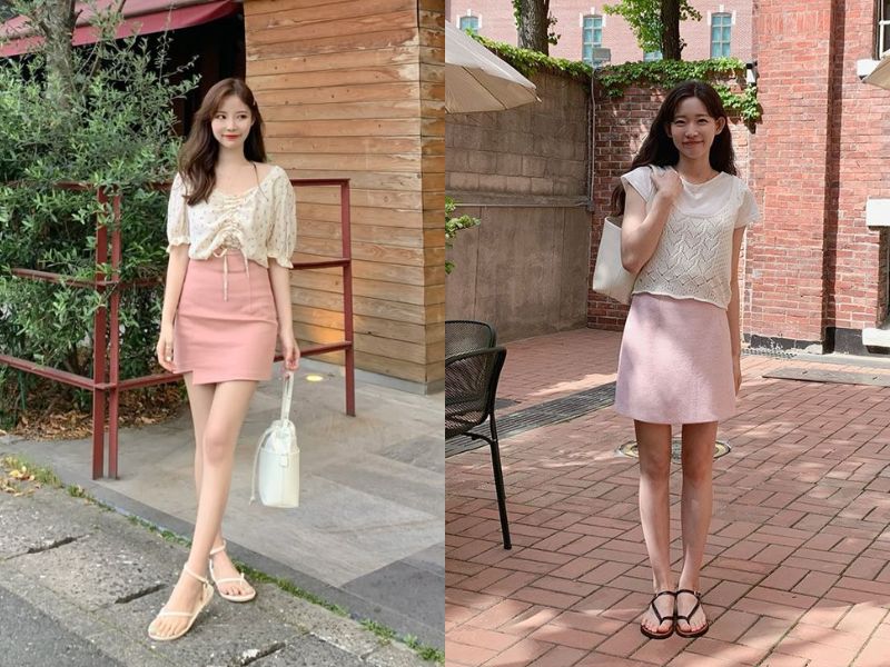 chân váy ngắn sandal quai mảnh