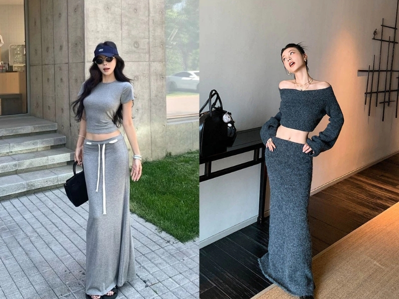 Chân váy len dài phối với áo croptop