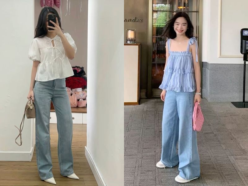 áo kiểu và quần jean ống đứng