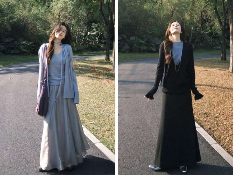 Phối áo len với chân váy midi đi Sapa