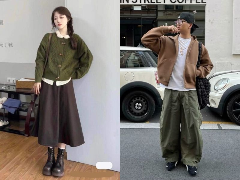 outfit nâu và xanh vintage