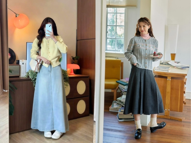 Phối đồ với áo cardigan ngắn cùng chân váy dài