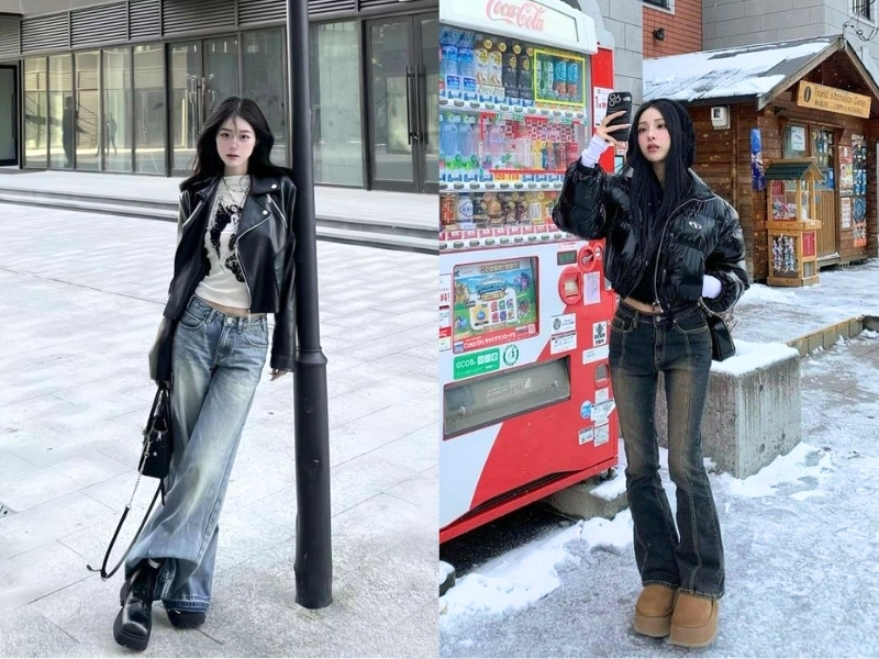 Áo khoác da phối quần jeans