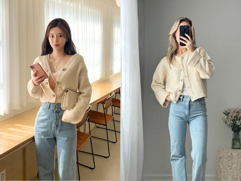 Phối đồ với cardigan dáng ngắn cùng quần jean ống đứng