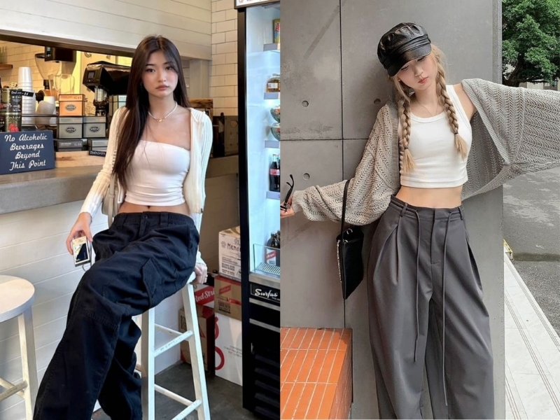 Phối đồ với cardigan dáng ngắn cùng áo cúp ngực