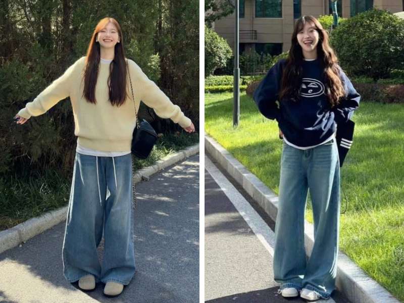 Phối sweater với quần jean ống đứng đi Sapa