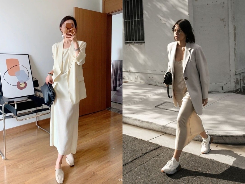 Đầm midi phối blazer cho người thấp