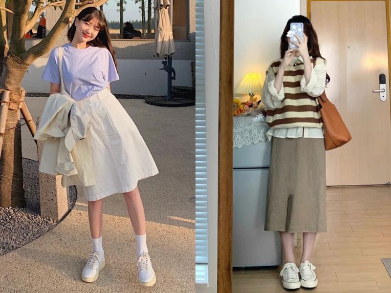 váy dài qua gối giày sneaker