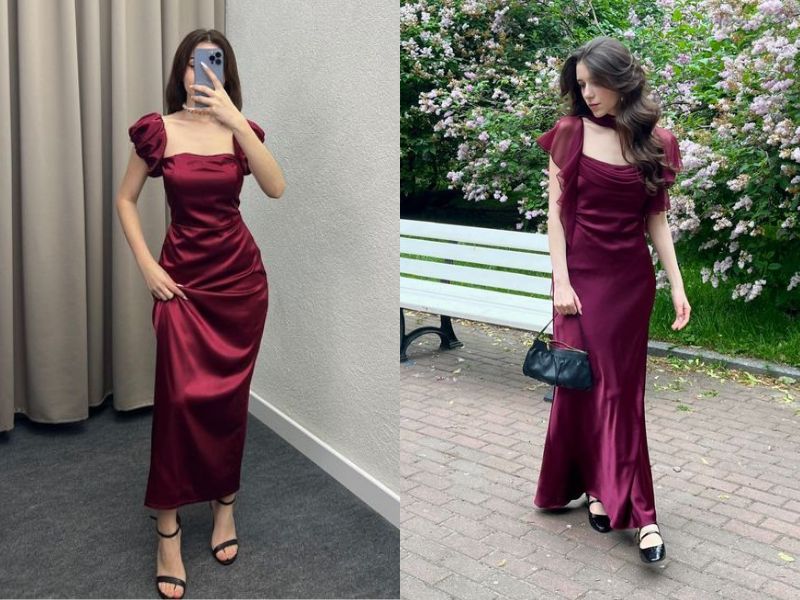 váy đỏ giày cao gót đen