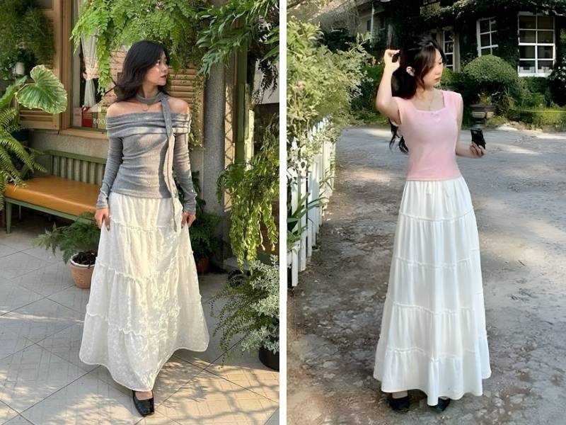 Áo kiểu mix chân váy cho dáng tam giác ngược