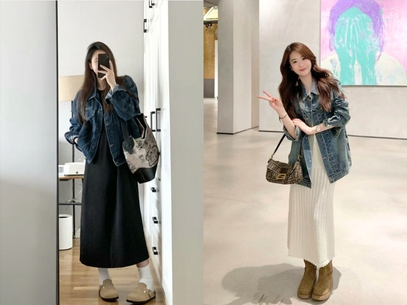 Chân váy len dài phối với áo khoác denim