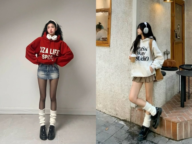 Hoodie phối chân váy ngắn và tất cao
