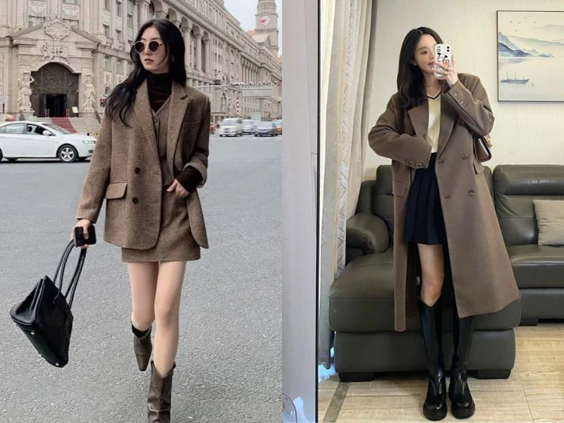 blazer nâu và trench coat be