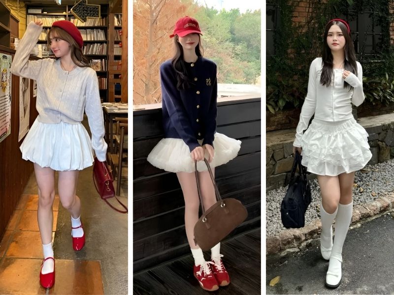 Phối chân váy trắng ngắn và áo cardigan