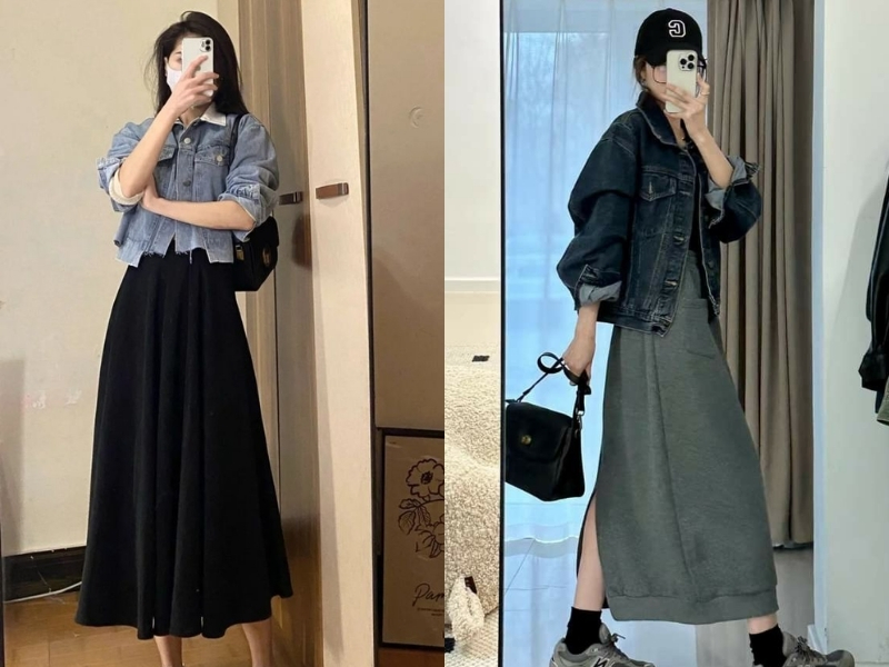 Chân váy len dài phối với áo khoác denim