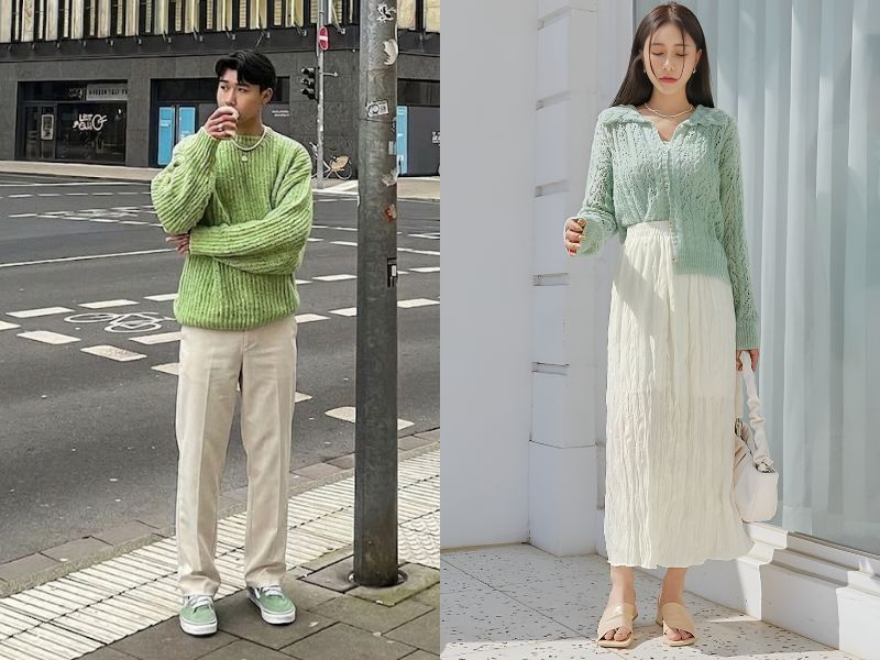 áo len xanh mint với chân váy và quần be