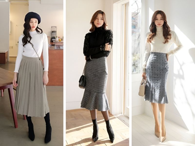 Phối áo cổ lọ và chân váy