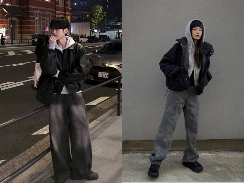 áo hoodie xám và bomber đen