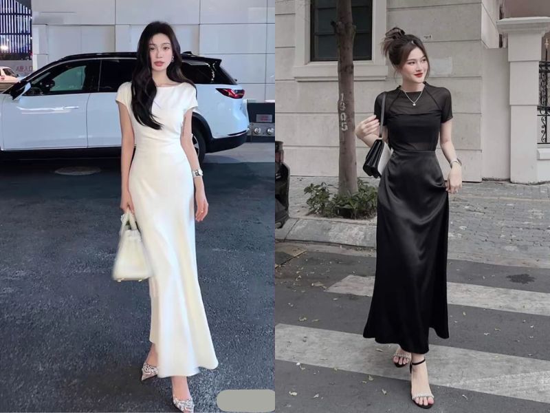 váy lụa trơn phụ kiện bạc