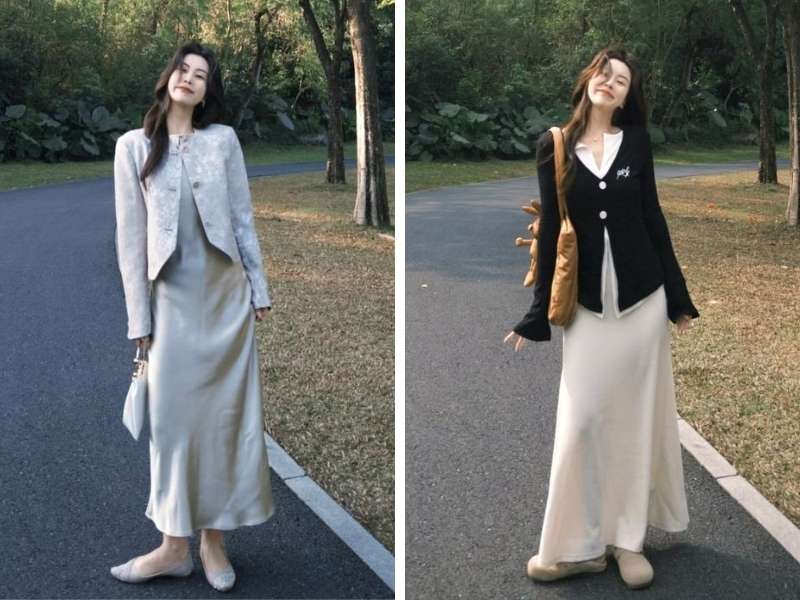 Cách mix đầm lụa với áo khoác đi Sapa