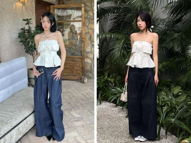 Quần jean ống rộng phối áo cúp ngực
