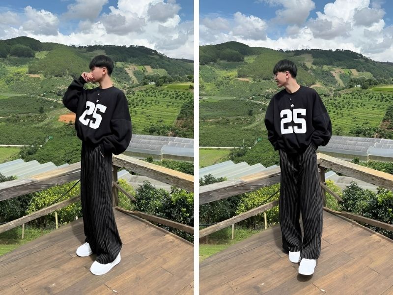Phối áo sweater và quần kẻ sọc trắng đen