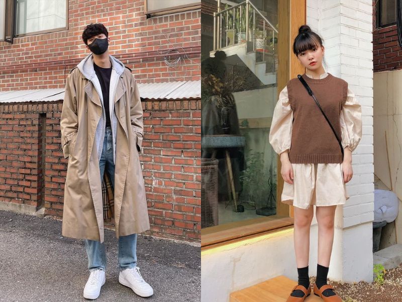 trench coat be áo gile len nâu khoác ngoài sơ mi be