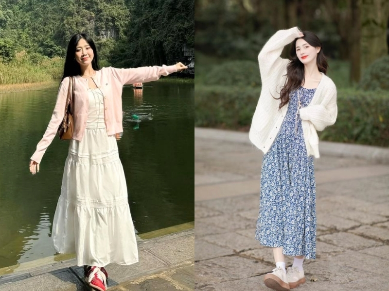 Cardigan phối váy hoa