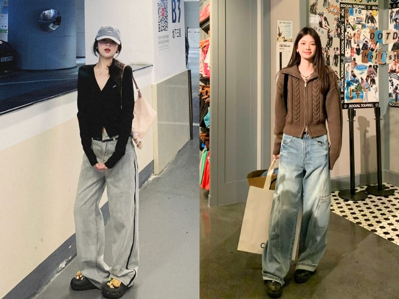 Phối đồ với áo len cardigan ngắn cùng quần jean cạp cao