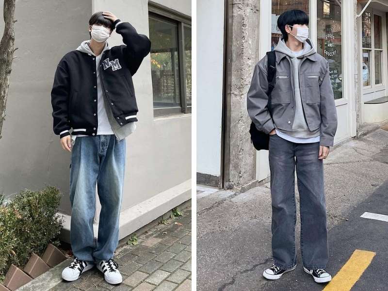 Mix jean ống rộng với hoodie cho nam đi Sapa