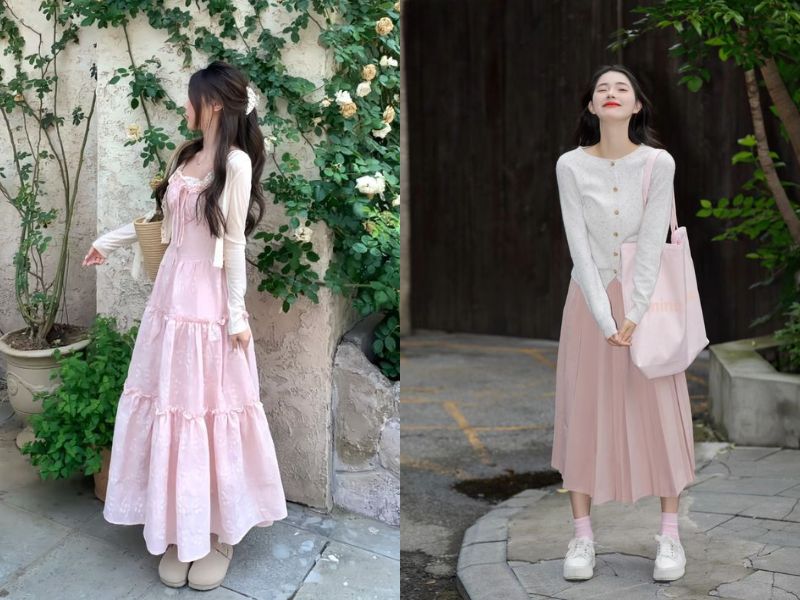 cardigan kem với váy hồng