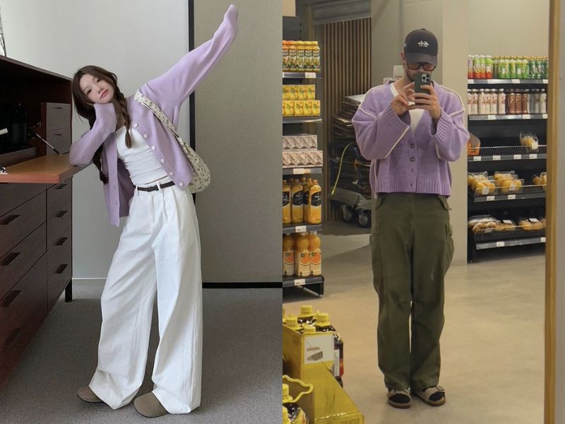 aó cardigan màu tím với áo thun bên trong màu trắng thiên bình