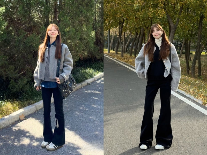 Áo len phối áo khoác dạ và quần jeans