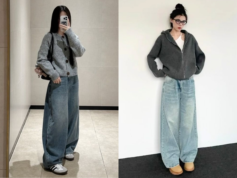 Áo len phối quần ống rộng