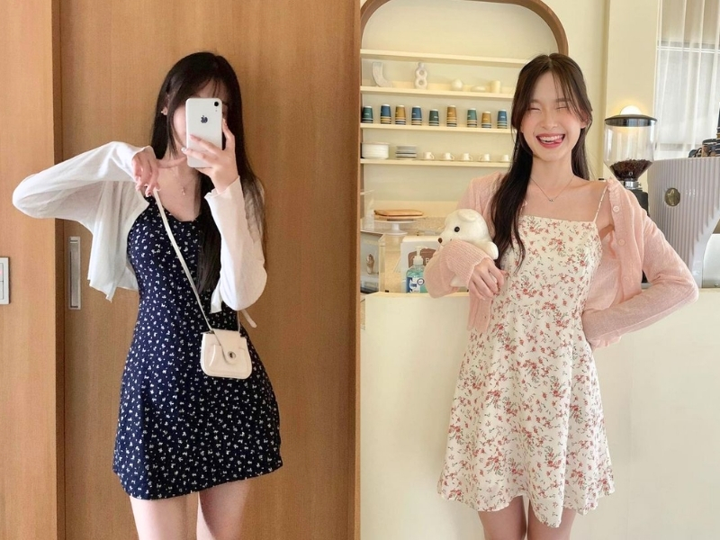 mix đồ với áo cardigan ngắn cùng váy hai dây