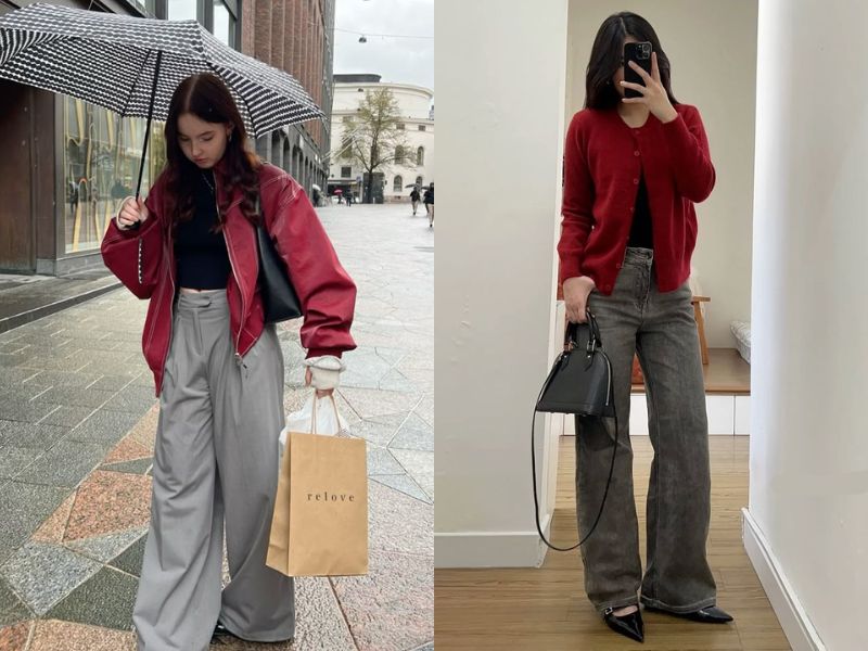 outfit đỏ rượu và xám than