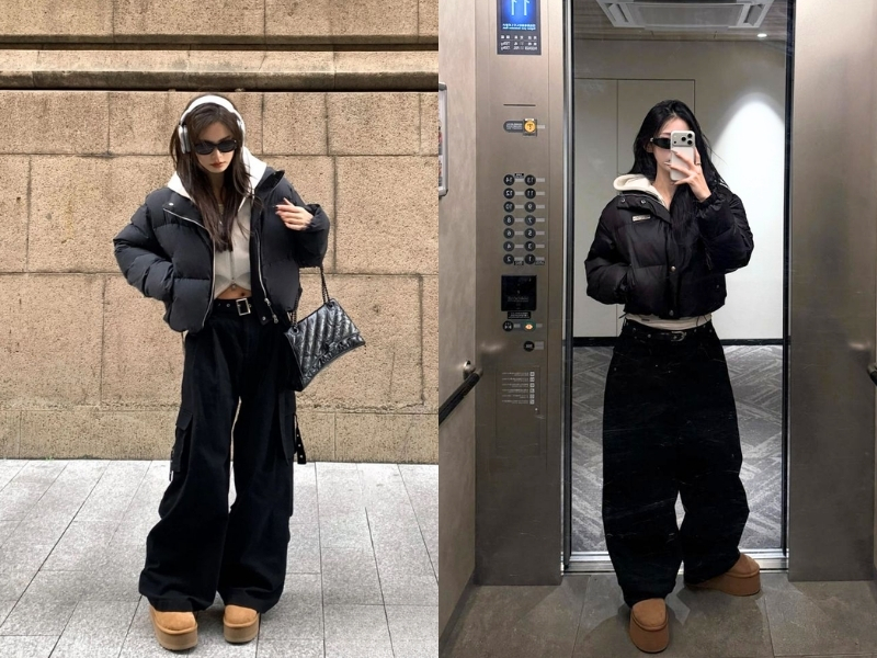 Hoodie phối áo phao ngắn