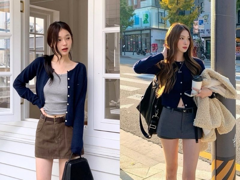mix cardigan dáng ngắn với chân váy chữ A