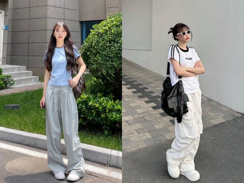 Áo baby tee phối quần ống rộng tạo vibe năng động