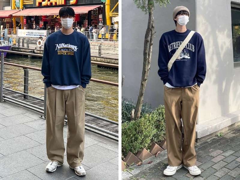 Mix quần kaki với áo sweater cho nam đi Sapa