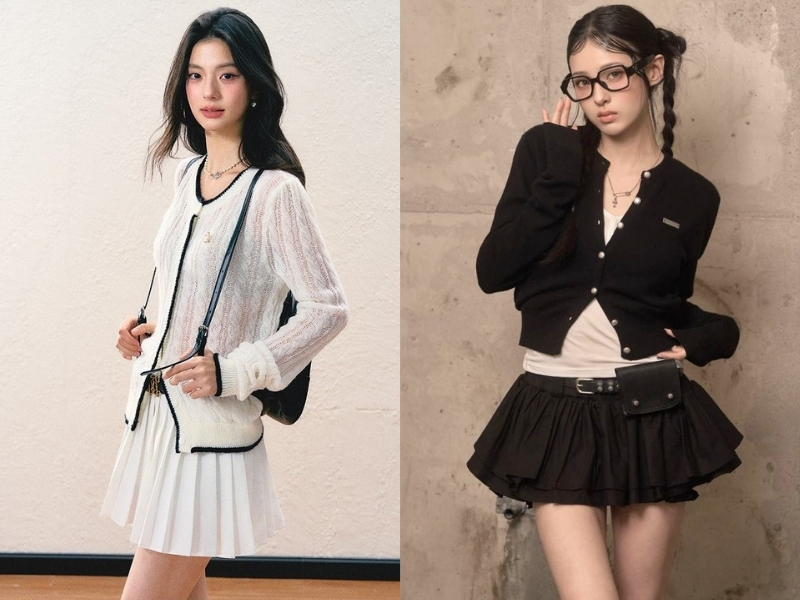 Phối đồ với áo cardigan ngắn cùng chân váy xếp ly