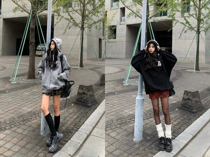 Áo hoodie zip phối chân váy chữ A và boots