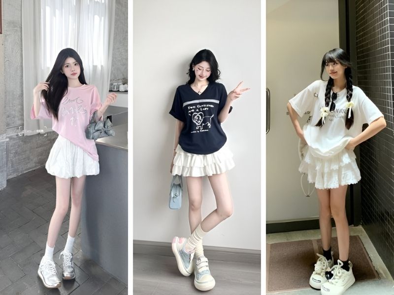 Phối áo thun form rộng và chân váy trắng
