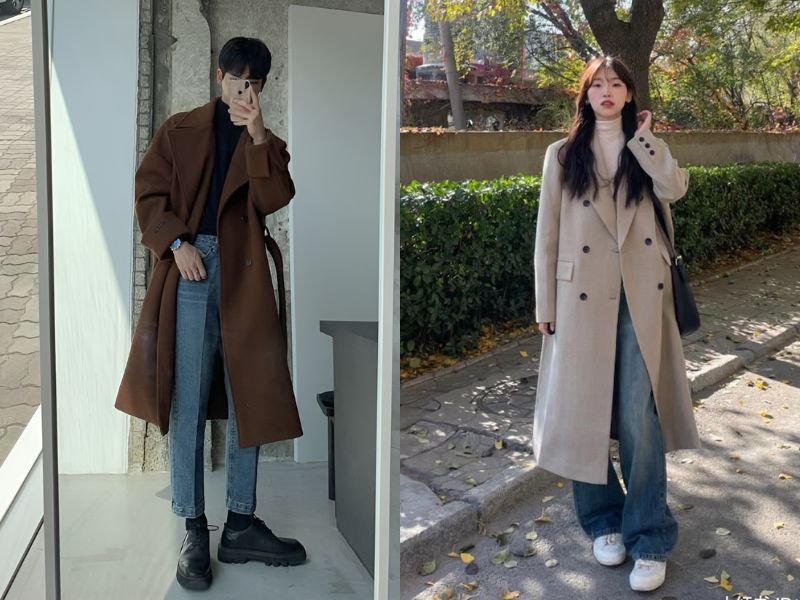 áo cổ lọ với áo khoác dài quần jeans