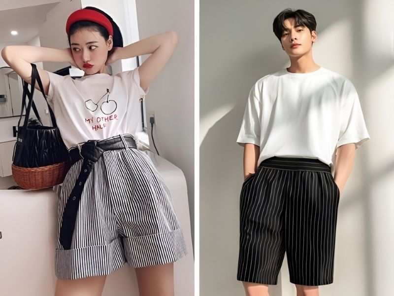 Phối áo thun và quần sọc dọc ngắn