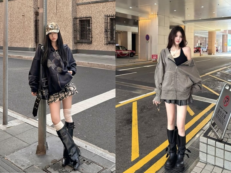 Áo hoodie zip phối chân váy chữ A và boots