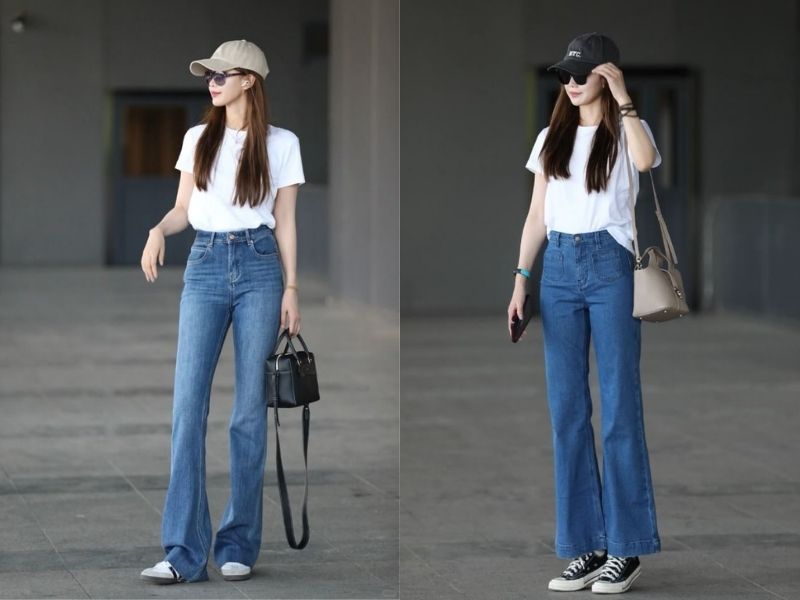 Quần jean ống đứng kết hợp áo thun trắng mặc đi chùa