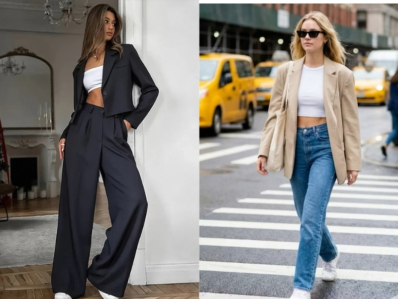Áo croptop mix cùng blazer và quần cạp cao