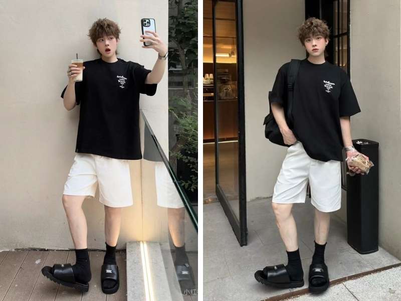 Phối áo thun với quần short nam đi Sapa